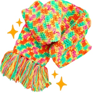 Neon Craze Scarf, Crochet Scarf, Colourful Scarf, Tassel Scarf, LGBT Scarf, Rainbow Scarf