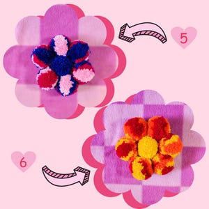 May include: Two pink felt flower shapes with colorful yarn pom-poms in the center. The pom-poms are arranged in a flower shape. The image shows a step-by-step process for making a felt flower with yarn pom-poms. The image includes the numbers 5 and 6.