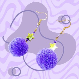 PURPLE celestial POM POM earrings, gold stars, lilac poms, fluffy earrings, retro earrings, funky earrings