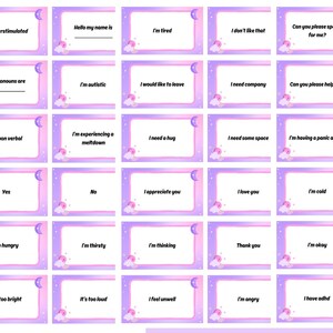May include: A collection of communication cards with a soft purple and pink gradient border, featuring phrases like "I'm tired," "I need a hug," and "Thank you." Each card has a moon and cloud graphic.