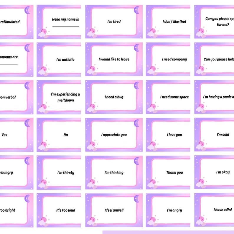 May include: A collection of communication cards with a soft purple and pink gradient border, featuring phrases like "I'm tired," "I need a hug," and "Thank you." Each card has a moon and cloud graphic.