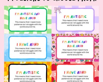 Könnte beinhalten: Ein farbenfrohes Bild mit dem Text "14 DESIGNS TO CHOOSE FROM!" und sechs verschiedenen Designs mit den Sätzen "I'M AUTISTIC AND HAVE ADHD", "I'M AUTISTIC" und "I HAVE ADHD". Jedes Design enthält eine Aussage über das Bedürfnis nach Geduld.