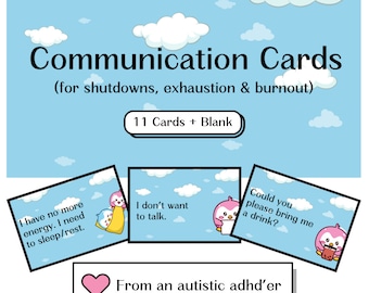 Communication Cards for Shutdowns, Exhaustion, Burnout, Non Verbal Autism Printable Cards, Cute Support Cards, Instant Digital Download