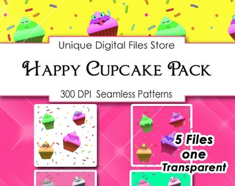 Happy Cupcake Seamless Pattern: Anime Emoji Fabric Design (PAT file)