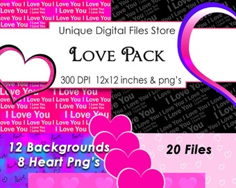 Heart Graphics: Love Pack, PNG Clipart & Backgrounds (Digital Download)