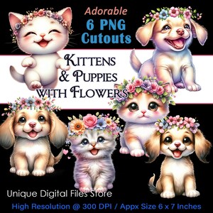 Gatinho e cachorrinhos, animais da primavera PNG, clipart, 6, uso comercial, POD ok, KDP, coroas de flores adoráveis, aquarela, download digital
