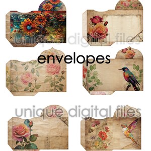 May include: Six printable digital envelope designs featuring floral and bird illustrations. The envelopes are in a vintage style with a distressed paper texture. The designs include a hummingbird, a bluebird, roses, and other flowers.