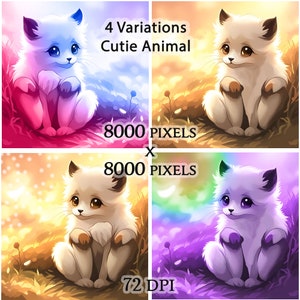 Ilustrações Digitais de Anime Fofas, 4 Variações, Uso Comercial, POD ok, Clipart, Imagens de stock de Desenhos Animados de Animais, Adoráveis e Fofos