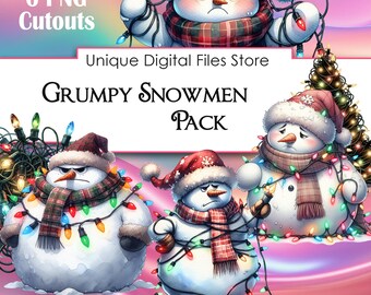 Grumpy Snowmen PNG Clipart: Christmas Lights Illustrations (Digital Download)