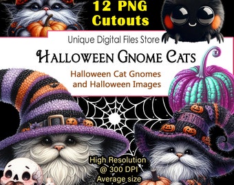 Halloween Cat Gnome PNG Clipart, Spider, Cobwebs (Digital Download)