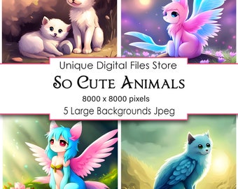 Cute Anime Animal Clipart, 5 Fantasy JPEGs (Digital Download)