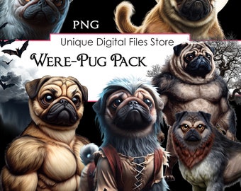 Halloween Were-Pug PNG Pack: Funny Dog Clip Art (Commercial Use)