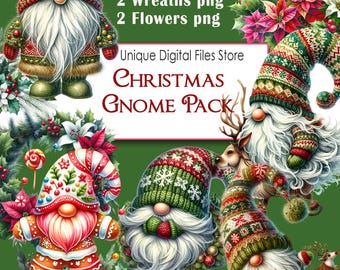 Christmas Gnome Clip Art: PNG Reindeer, Wreaths (Digital Files)