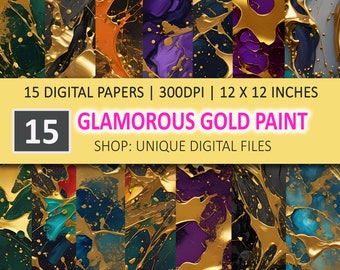 Glamorous Gold Paint Digital Paper: Colorful Art Backgrounds (12x12, 300 DPI)