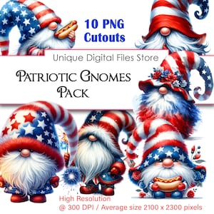 Nains patriotiques, fichiers PNG, 10 gnomes avec chapeaux, Etats-Unis, indépendance, téléchargement numérique, 4 juillet, usage commercial, fond Transparent,