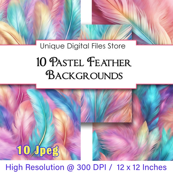 Pastel Feathers, Jpeg Backdrop, 10 Abstract Digital Backdrops , KDP, Commercial Use, POD ok, Fluffy Looking Scrapbook Paper, 12 x 12 inches