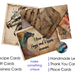 Vintage draken, DIY afdrukbare enveloppen, kaarten inbegrepen, aquarelverouderd, digitale download, clipart, zegelemblemen, handgemaakte brieven maken