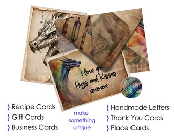 Vintage Dragon Stationery: Watercolor Cards & Envelopes (Digital Download) Make handmade letter