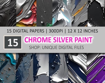 Chrome Silver Paint Textures: 15 Digital Paper Backgrounds (12x12 inches)