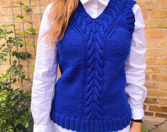 Knitted vest pattern, knit vest pattern, knit sweater vest pattern, easy knit cable vest pattern, knit v-neck vest pattern (The Lily vest)