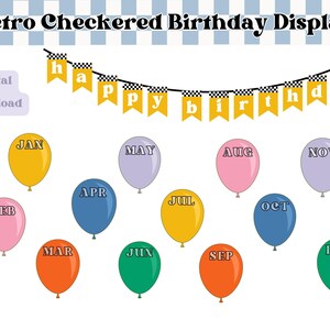 Puede incluir: Descarga digital de una exhibición de cumpleaños retro. El diseño incluye una pancarta que dice "Happy Birthday" y globos con los meses del año. Los globos miden aproximadamente 13,7 cm de altura.