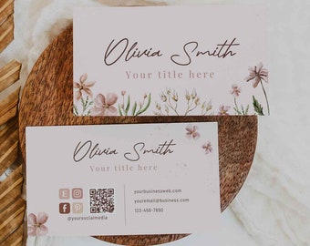 Watercolor floral Business cards - flower business card template, business card design, referral cards, QR code business card, vintage bloom