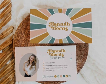 Business Card template Modern boho - Printable Business Card, DIY Calling Card, Retro Editable Card , Bright Colorful Template, Wild Flower