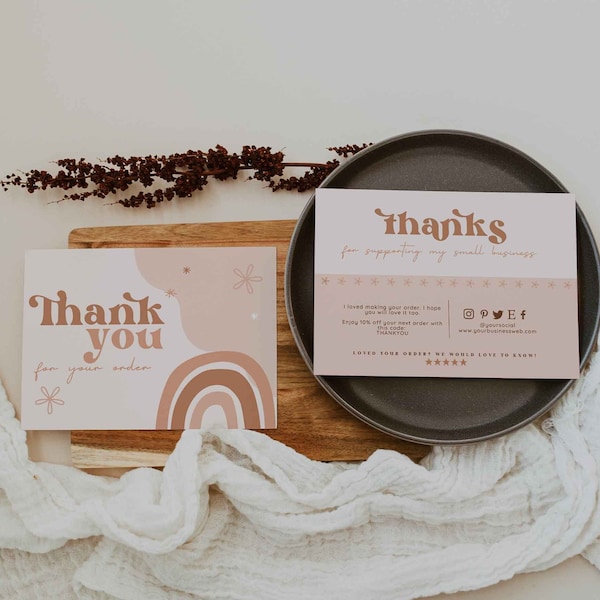 Boho thank you cards template - Retro business thank you card - 70s Hippie note cards - Groovy thank you notes - canva - Studio Indie