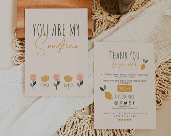 Floral editable Thank You Card Template - lemon Business Thank You Card - DIY Boho flower Printable Package Insert Card - Scandic Summer