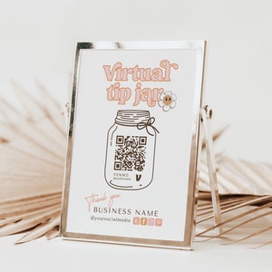 Venmo-betalingsbord met retro virtueel fooienpotje - jaren 90 QR-code tekensjabloon - Groovy Tips geaccepteerd teken - Venmo-bord - y2k canva-sjabloon - dageraad