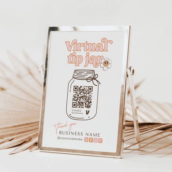 Retro Virtual Tip Jar Venmo Payment Sign - 90s QR Code Sign Template - Groovy Tips Accepted Sign - Venmo Sign - y2k Canva Template - Dawn