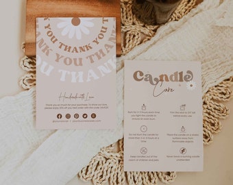 Tarjeta de cuidado de velas - instrucciones de cuidado - plantilla canva - tarjeta de agradecimiento comercial - tarjetas de agradecimiento boho - Imprimible - Daisy Boho