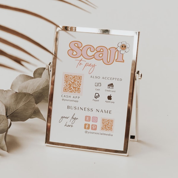 Retro Scan to Pay Sign - 90s QR Code Sign Template - Groovy Scan to pay template - CashApp Paypal Sign - y2k Accepted Payments Sign - Dawn