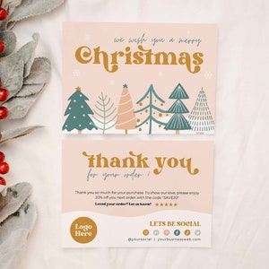 Retro Business thank you card for christmas with a groovy vibe. Christmas trees and snowflakes. Editable in Canva.