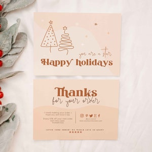 Retro Business thank you card for christmas with a boho vibe. Tw lineart christmas trees and a "Thanks you for you support" text. Editable in Canva.