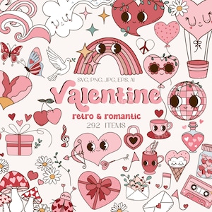 Retro Valentijnsdag Clipart set - Peace Heart Daisy Love potion discobal cupido jaren 90 - groovy sublimatiebundel - schattige clipart - png SVG