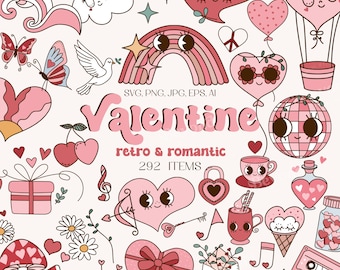 Retro Valentine’s Day Clipart set - Peace Heart Daisy Love potion disco ball cupid 90s - groovy sublimatiom bundle - cute clipart - PNG SVG