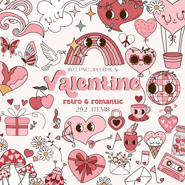 Retro-Valentinstag-Clipart-Set - Peace Heart Daisy Love Potion Disco Ball Cupid 90er Jahre - grooviges Sublimationspaket - süße Clipart - PNG SVG