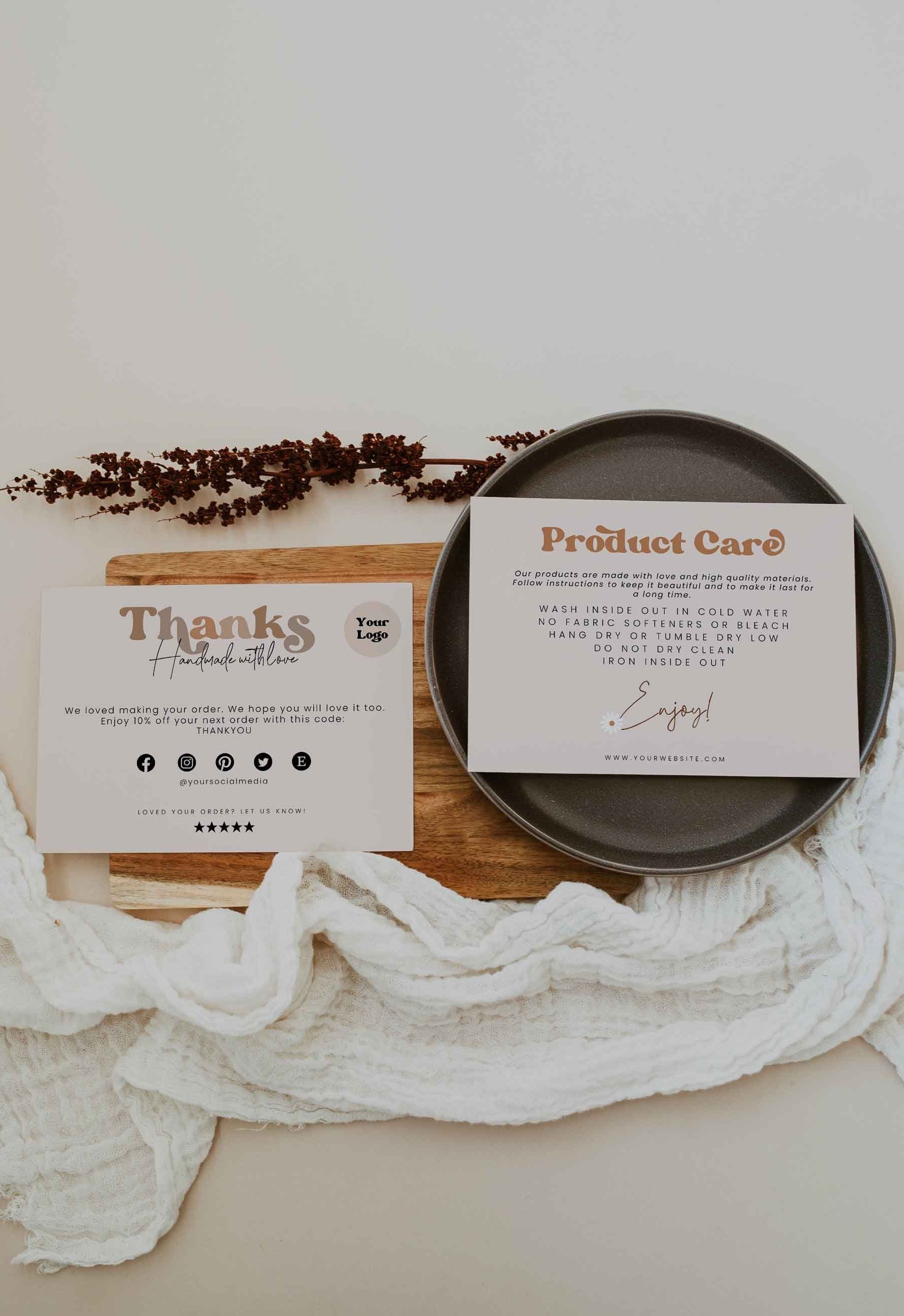 Boho product care card - retro Washing instructions Template - care instructions - T-shirt Care Card, shirt care card, Canva -  Daisy Boho