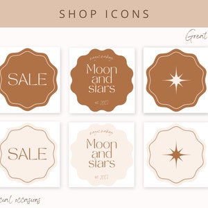 K&ouml;nnte beinhalten: Satz von sechs Social-Media-Icons mit einem Stern, einem Sale-Tag und einem Mond-und-Sterne-Design. Die Icons sind in einem braunen und beigefarbenen Farbschema mit einem wellenf&ouml;rmigen Rand.