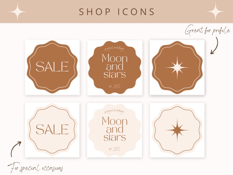 K&ouml;nnte beinhalten: Satz von sechs Social-Media-Icons mit einem Stern, einem Sale-Tag und einem Mond-und-Sterne-Design. Die Icons sind in einem braunen und beigefarbenen Farbschema mit einem wellenf&ouml;rmigen Rand.