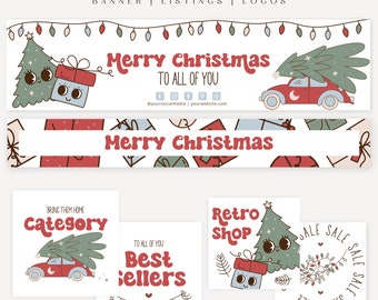 Retro Christmas Etsy shop banner Canva Template - Holiday Etsy shop banners - etsy shop kit - Christmas etsy banner template -  Merry - C1