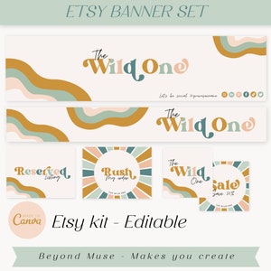 Retro Etsy Banner Set, 70&#39;s Etsy Branding Templates, Etsy Shop Banner, Boho Etsy Banner, Colorful Etsy Banner, Groovy etsy Kit - Wild Flower