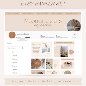 K&ouml;nnte beinhalten: Etsy-Shop-Banner-Set f&uuml;r einen Shop namens "Moon and Stars", der handgefertigte Artikel verkauft. Das Banner-Set hat einen hellbraunen Hintergrund mit einem wei&szlig;en Text&uuml;berlagerung. Der Text lautet "Moon and Stars" und "Magic Making". Das Banner-Set enth&auml;lt auch verschiedene Bilder der Produkte des Shops, darunter ein Foto einer Frau in einem wei&szlig;en Kleid, ein Foto einer Kerze und ein Foto eines Kissens.
