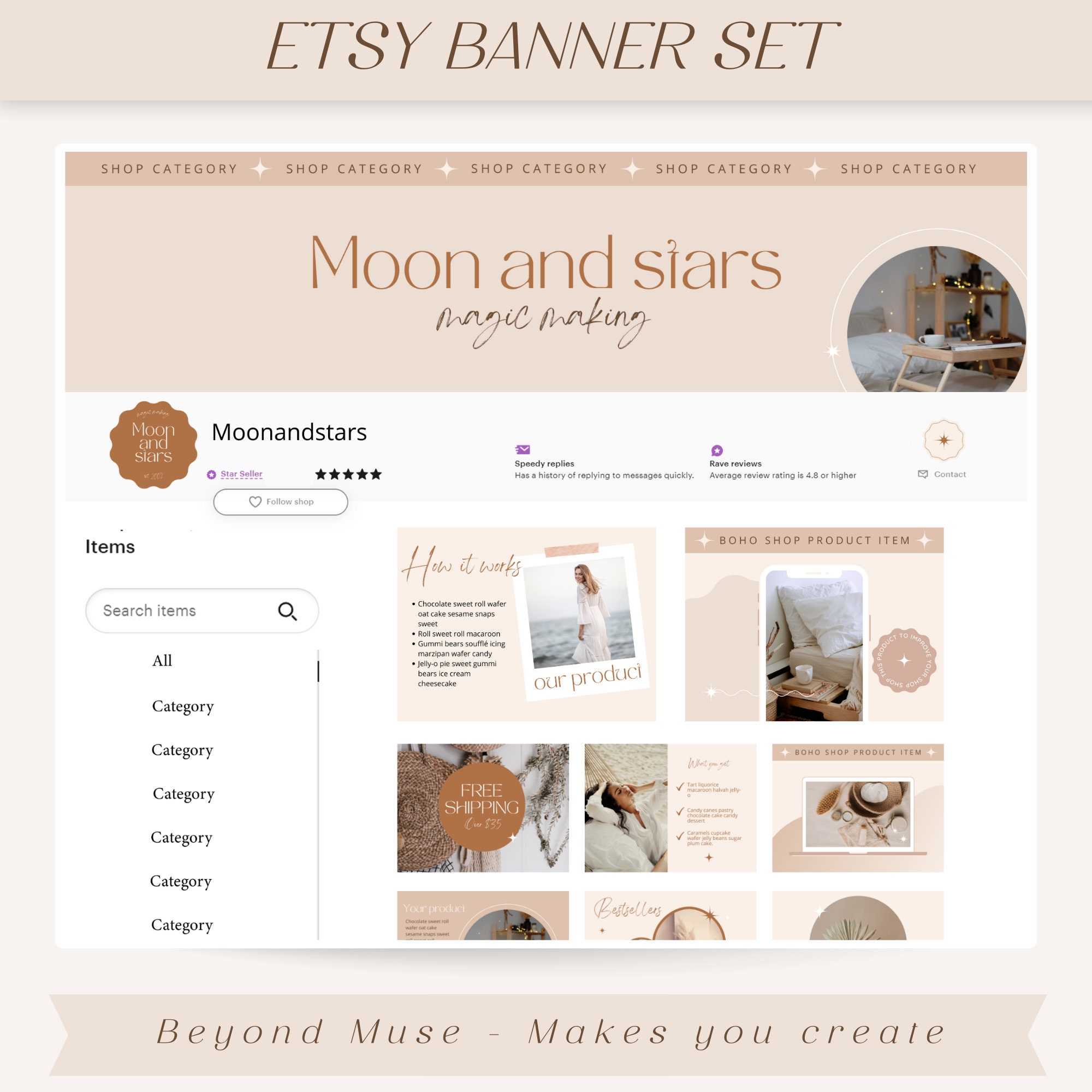 Etsy Shop Banners Boho - Etsy Banner Kit - Etsy Success DIY - Modern Editable Etsy Store Kit- Neutral Etsy Shop Branding - Moonchild