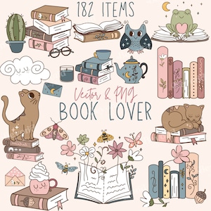 Retro Booklover Clipart Set - kommerzielle Nutzung - sofortiger Download - SVG PNG - gemütliche Lektüre, Bücher, Leser, Bücherwurm, Cricut - süße Clip Art, B1