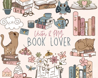 May include: A set of 182 book lover themed illustrations, including a cat, owl, frog, teapot, books, flowers, and a bee. The illustrations are in a cartoon style and are perfect for scrapbooking, card making, or digital design.