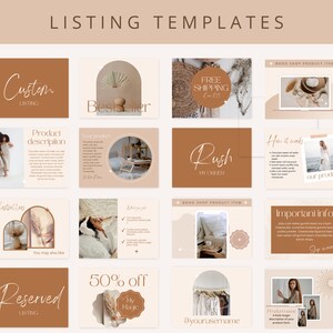 K&ouml;nnte beinhalten: Eine Sammlung von 10 Social-Media-Vorlagen f&uuml;r Etsy-Listings. Die Vorlagen zeichnen sich durch eine neutrale Farbpalette aus Braun, Beige und Wei&szlig; aus. Die Vorlagen enthalten Text wie "Benutzerdefiniertes Listing", "Bestseller", "Kostenloser Versand", "Eilige Bestellung", "So funktioniert es", "Wichtige Informationen", "Reserviertes Listing", "50% Rabatt" und "@yourusername".