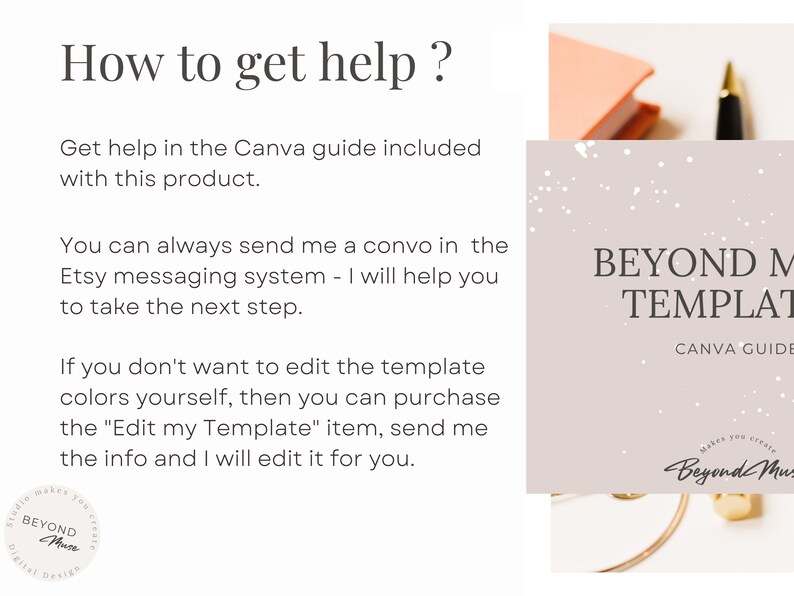 May include: A Canva guide template with the text "BEYOND MUSE TEMPLATE CANVA GUIDE" and a light brown background with white dots. The text "Beyond Muse" is written in cursive.