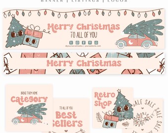 Retro Christmas Etsy shop banner Canva Template - Holiday Etsy shop banners - etsy shop kit - Christmas etsy banner template -  Merry - C1S2